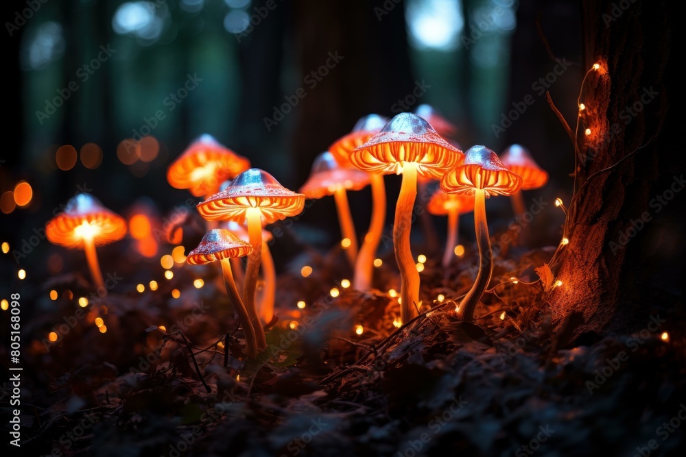 Surreal Mushroom glowing forest. Fantasy night. Generate Ai