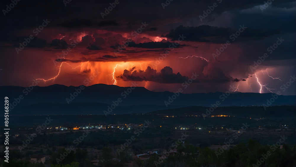 Vermillion lightning streaks across the sky, casting a vivid hue against the dark background.