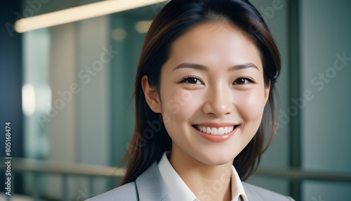Portrait of a Cheerful Asian Japanese, Korean young woman, girl. close-up. smiling. business woman, working, lady © Gia