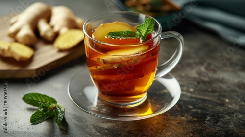 Glass of Amber-Colored Ginger Tea with Ginger Slices and Mint Garnish, Set on a Contemporary Minimalist Table