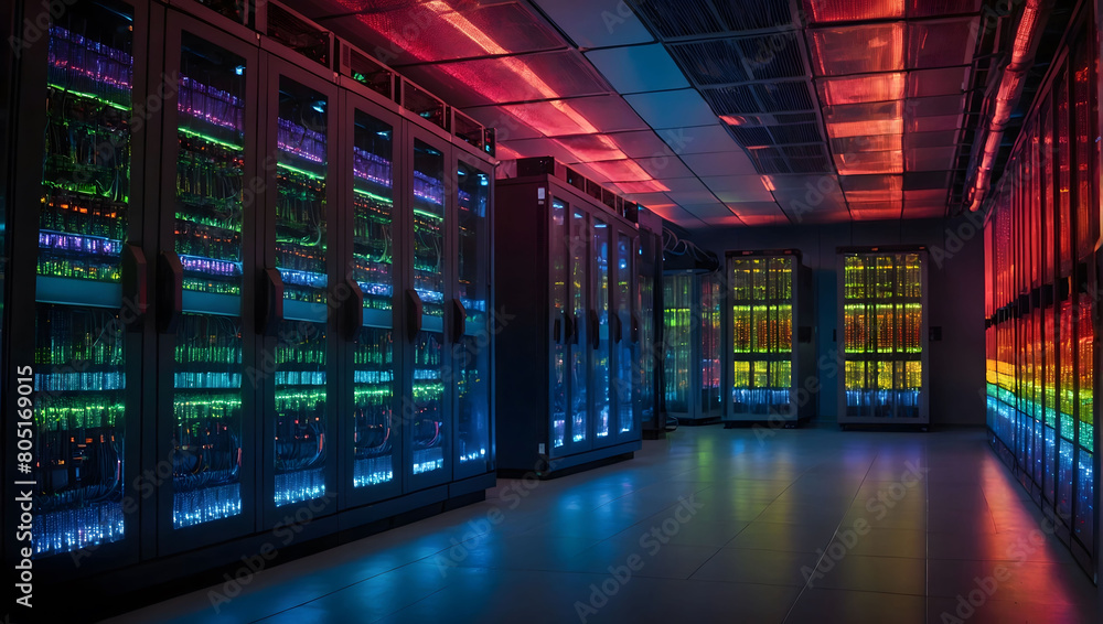 Vibrant hues illuminate the server room of a data center, casting a colorful glow amidst the rows of servers.