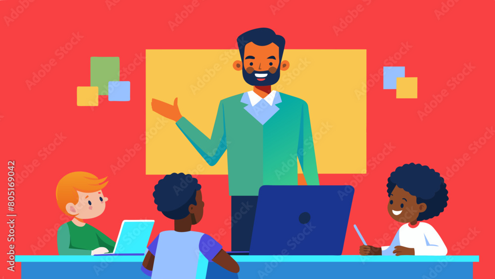 Excited Happy Teacher Explaining a Math Lesson to a Classroom Full of Bright Diverse Children in Primary School. Little Black Boy Browsing a Presentation on a Laptop Computer Excited Happy Teacher Explaining a Math Lesson to a Classroom Full of Bright Diverse Children in Primary School. Little Black Boy Browsing a Presentation on a Laptop Computer