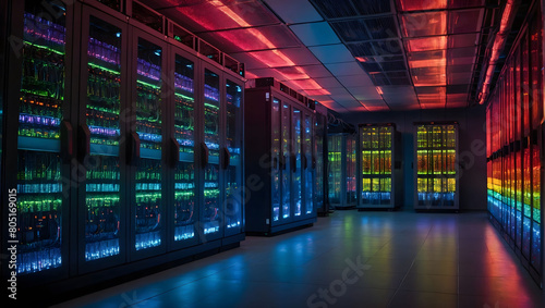 Vibrant hues illuminate the server room of a data center, casting a colorful glow amidst the rows of servers.