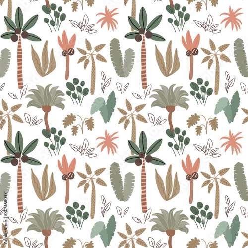 Cute palm tree, jungle seamless pattern. Cute big banana leaves coconut, rainforest design. Summer vector print, wallpaper repeat background. Hand drawn tropical plants botanical textile, wrap paper.