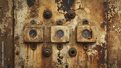 This image depicts a vintage distressed electricity wallpaper with an industrial aesthetic The wallpaper features an array of antique switches and dials in sepia tones creating a rustic grungy and photo