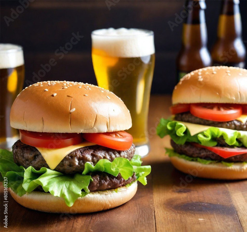 Two glasses of beer and burgers
