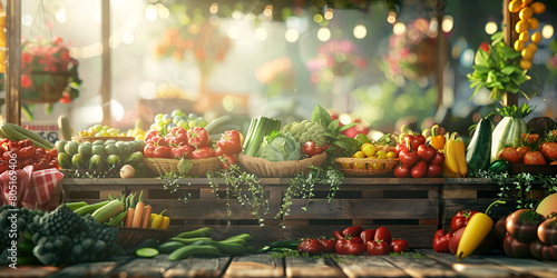 Fresh fruits with fresh vegetables on wooden table Healthy food garden sunlight in Soft Natural Light blurred background