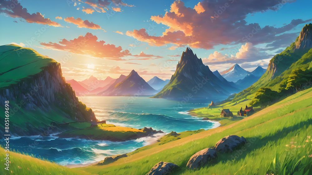 Obraz premium Art of Vinland: Viking-Era Scenery with Green Fields, Majestic Mountains, and Serene Seas