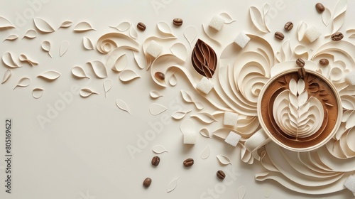 A coffee cup with a leaf design on it sits on a table with a pile of coffee bean, free space for text