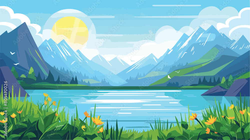 Nature background a lake view with grass and mountain