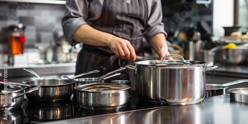 A chef is cooking in a kitchen with a variety of pots and pans on the stove