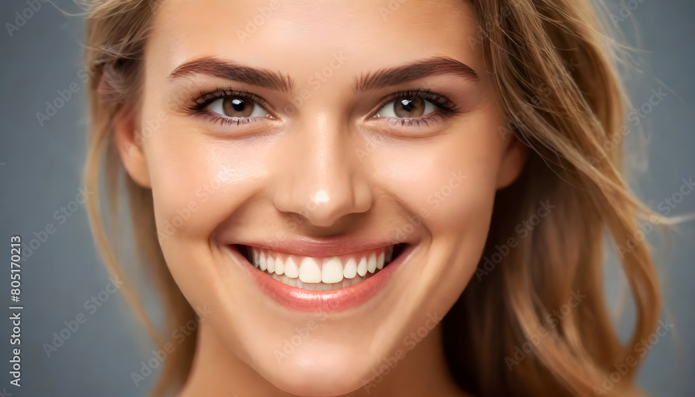 Beautiful female model face closeup with a happy smiling face and looking on camera. Close-up portrait of a cute female girl isolated on a grey background Beautiful female model face closeup with a happy smiling face and looking on camera. Close-up portrait of a cute female girl isolated on a grey background