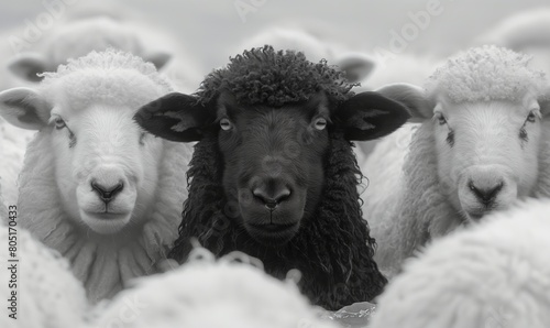 A black sheep among white sheep in a herd.