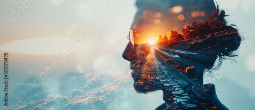 Silhouette of a professional at a crossroads, with a double exposure of different career paths, emphasizing choices and career potential , futuristic photo