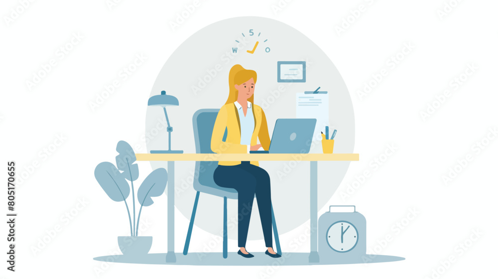 Office work concept illustration with happy female of