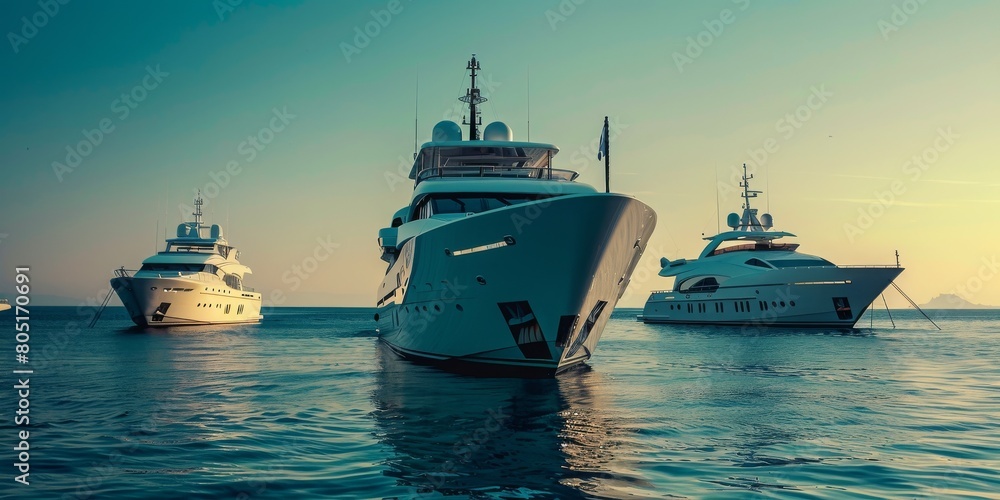 Three large white yachts are docked in the water Three large white yachts are docked in the water