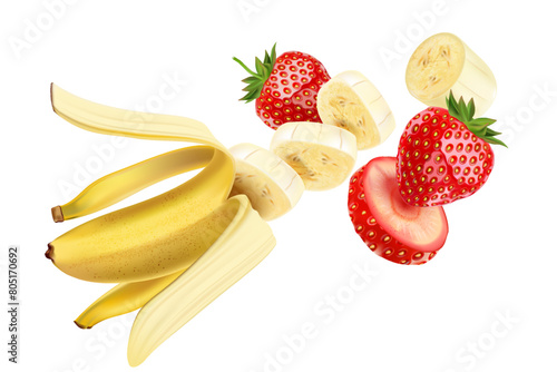Banana slice flying with strawberries and banana of pieces element in the middle on white background. Realistic vector in 3D illustration.