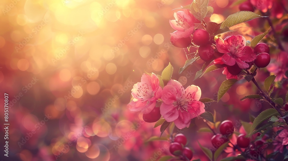   A tight shot of pink blooms on a tree limb against softly blurred backlights Foreground features a shallow depth-of-field, blurring surrounding pink blossoms