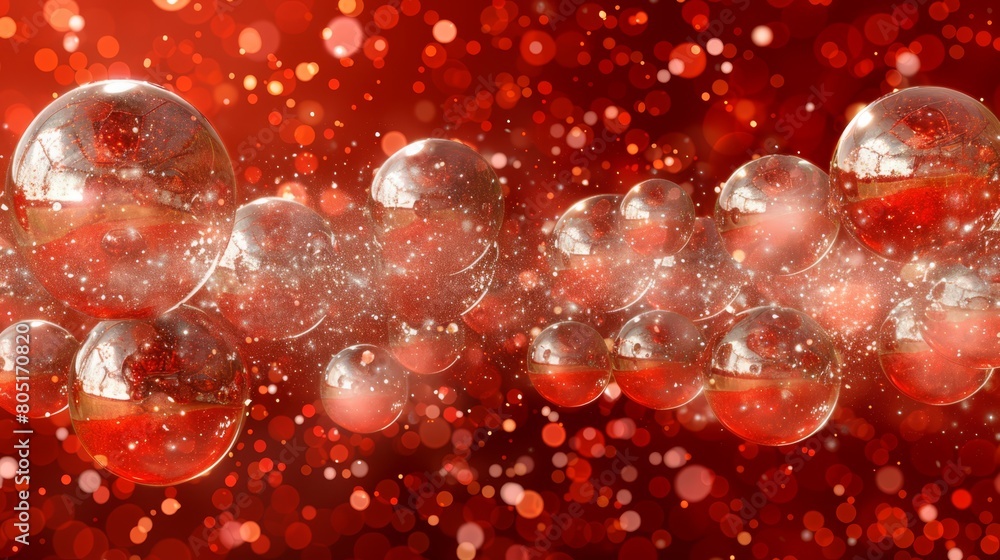 A red backdrop hosts a cluster of bubbles afloat, surrounded by haloed beams of light A red backdrop hosts a cluster of bubbles afloat, surrounded by haloed beams of light
