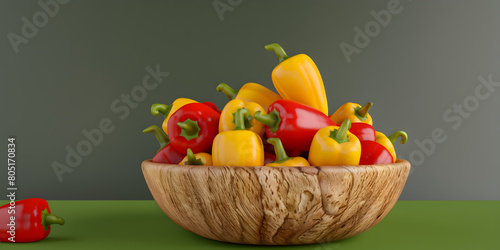 Red and yellow bell peppers placed in a basket A basket of vegetables is on a table with a dark background.  