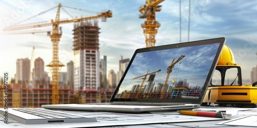 A laptop is open on a desk with a construction site in the background