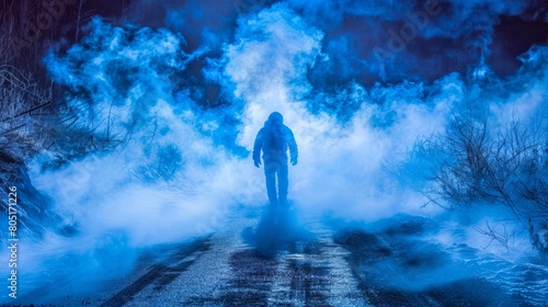  A man stands in the middle of the road, blue smoke emanating from his back