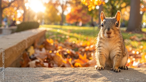   A squirrel perched atop a central rock, surrounded by a scatter of autumn leaves, with trees encircling the backdrop photo
