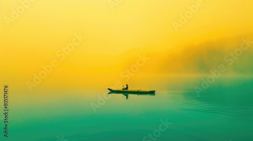 Image of a person in a boat in sea at sunset