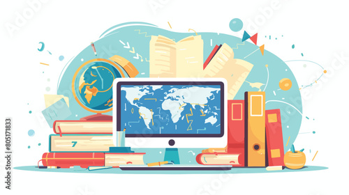 Online education concept with a computer books and gl photo