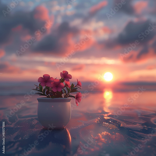  3d rendered photos of a dramatic beautiful sunrise, still life on beach, made with generative AI