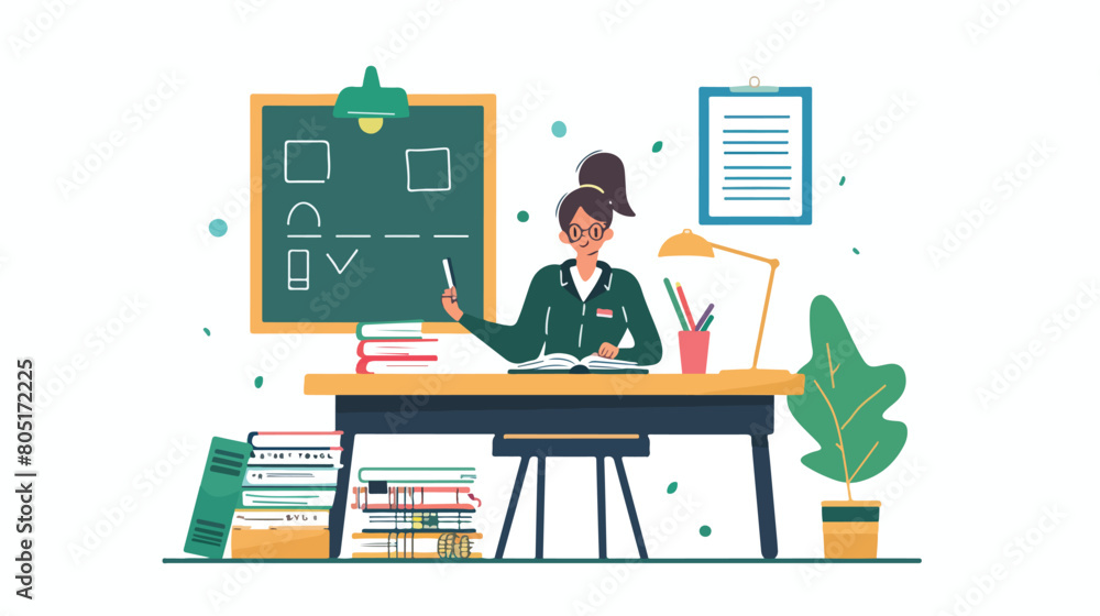 Online learning concept. Female teacher with books an