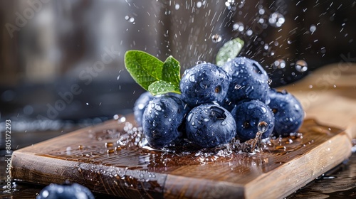   A wooden cutting board bearing blueberries submerged in water, sprinkled with green, leafy herbs photo