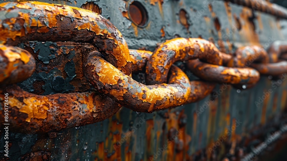 A rusted metal chain securely attached to a weathered wall A rusted metal chain securely attached to a weathered wall