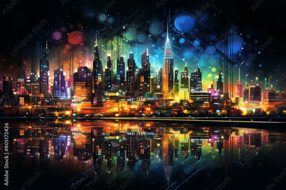 Fototapeta premium Sprawling Neon city cyberpunk skyline. Asia chinese. Generate Ai