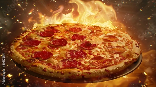 A pizza with pepperoni cooking on fire in a pizza pan