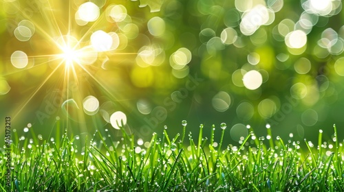  The sun brightly shines over a lush green field dotted with dew-kissed blades of grass