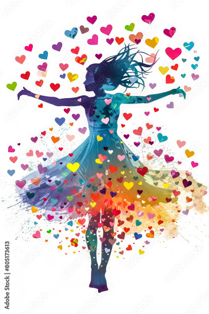 Beautiful girl dancing with colorful hearts on a white background. 