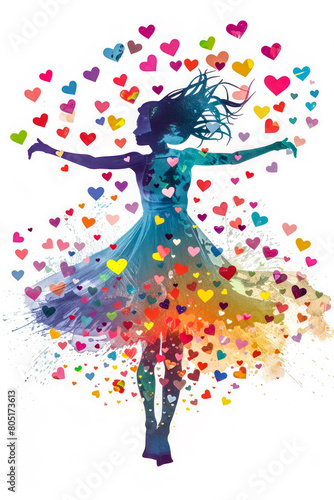 Beautiful girl dancing with colorful hearts on a white background. 