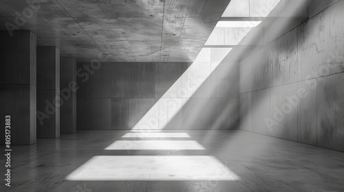 Concrete room background, abstract minimalist space with light grey walls and streaming sunlight, empty interior of a modern hall. Concept of white stone architecture, texture, daylight, building.