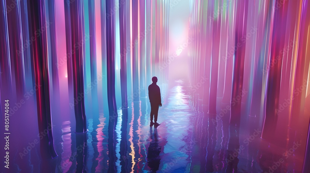 A man stands in the center of an immersive room made entirely from colorful vertical light tubes A man stands in the center of an immersive room made entirely from colorful vertical light tubes