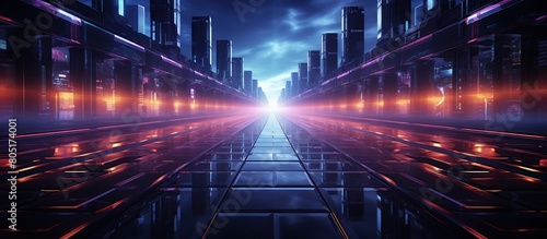 Futuristic corridor with glowing lights and reflections.