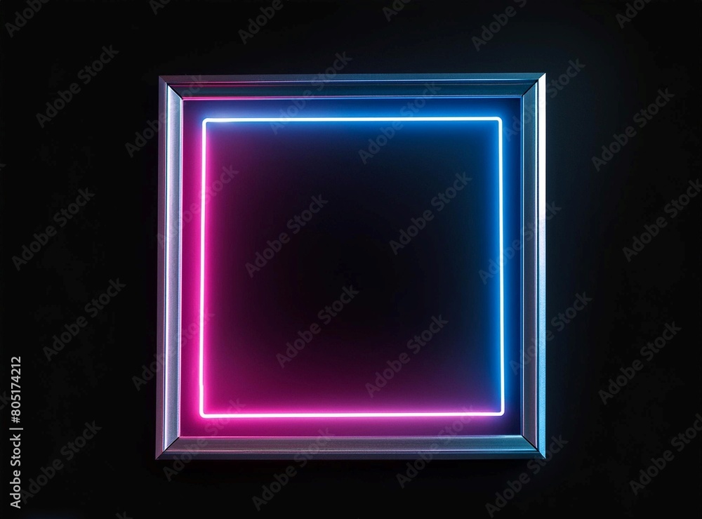 Square rectangle picture frame with two tone neon color motion graphic on isolated black background. Square rectangle picture frame with two tone neon color motion graphic on isolated black background.
