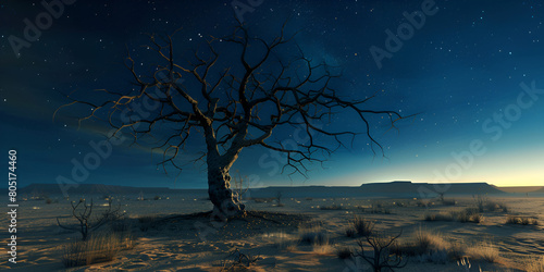 Serene Silhouette dark spooky tree with many sprawling branches night sky nature dramatic scene Fantasy-Lands haft