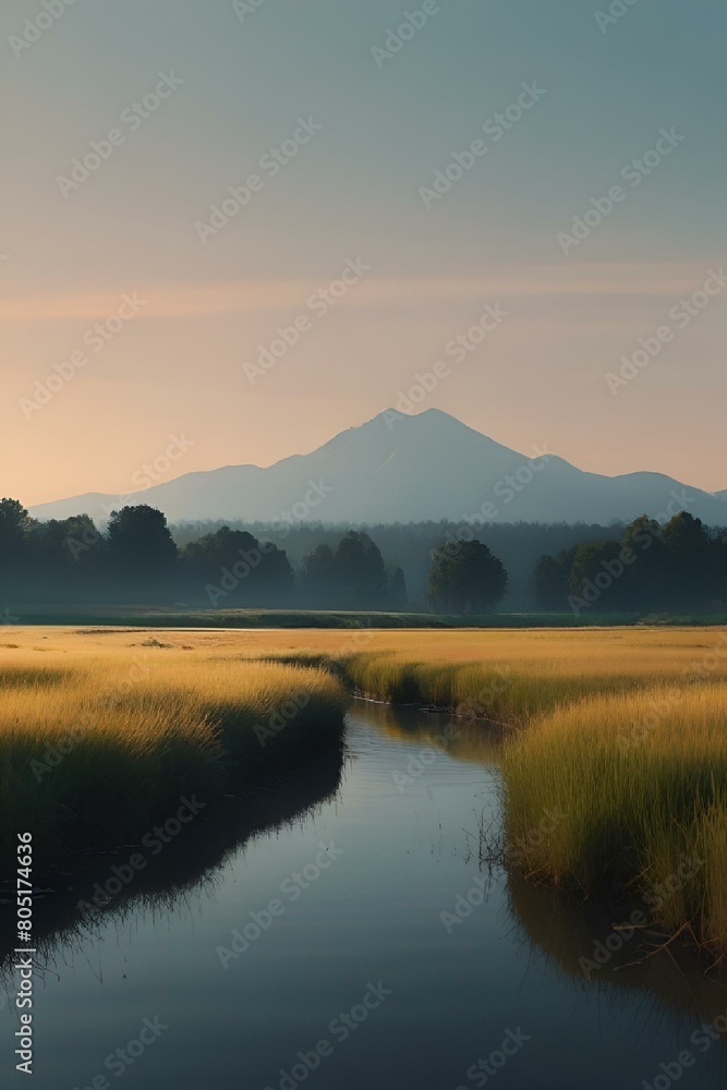 AI generated illustration of scenic wetlands with distant mountains and trees
