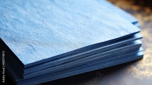 Stack of Blue Paper on Table photo