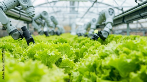 Robotic arms working in a greenhouse, tending to a vibrant crop of lettuce, symbolizing modern agriculture technology.