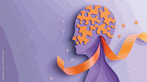 Paper human head with puzzle pieces and orange ribbon photo