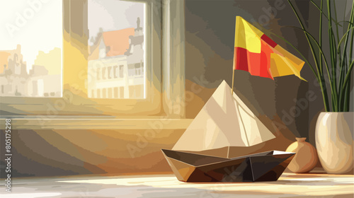 Paper ship and flag of Belgium on table near light wa photo