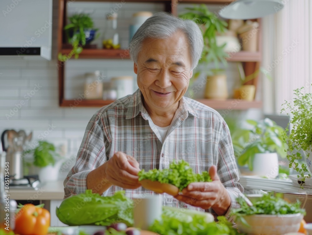 Elderly Asian Man Embracing Sustainable Personalized Nutrition at Home with AI Device Elderly Asian Man Embracing Sustainable Personalized Nutrition at Home with AI Device