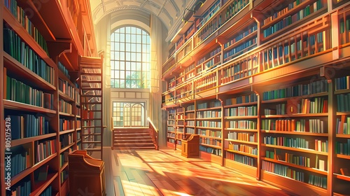 Attractive Cartoon library interior with bookshelf background